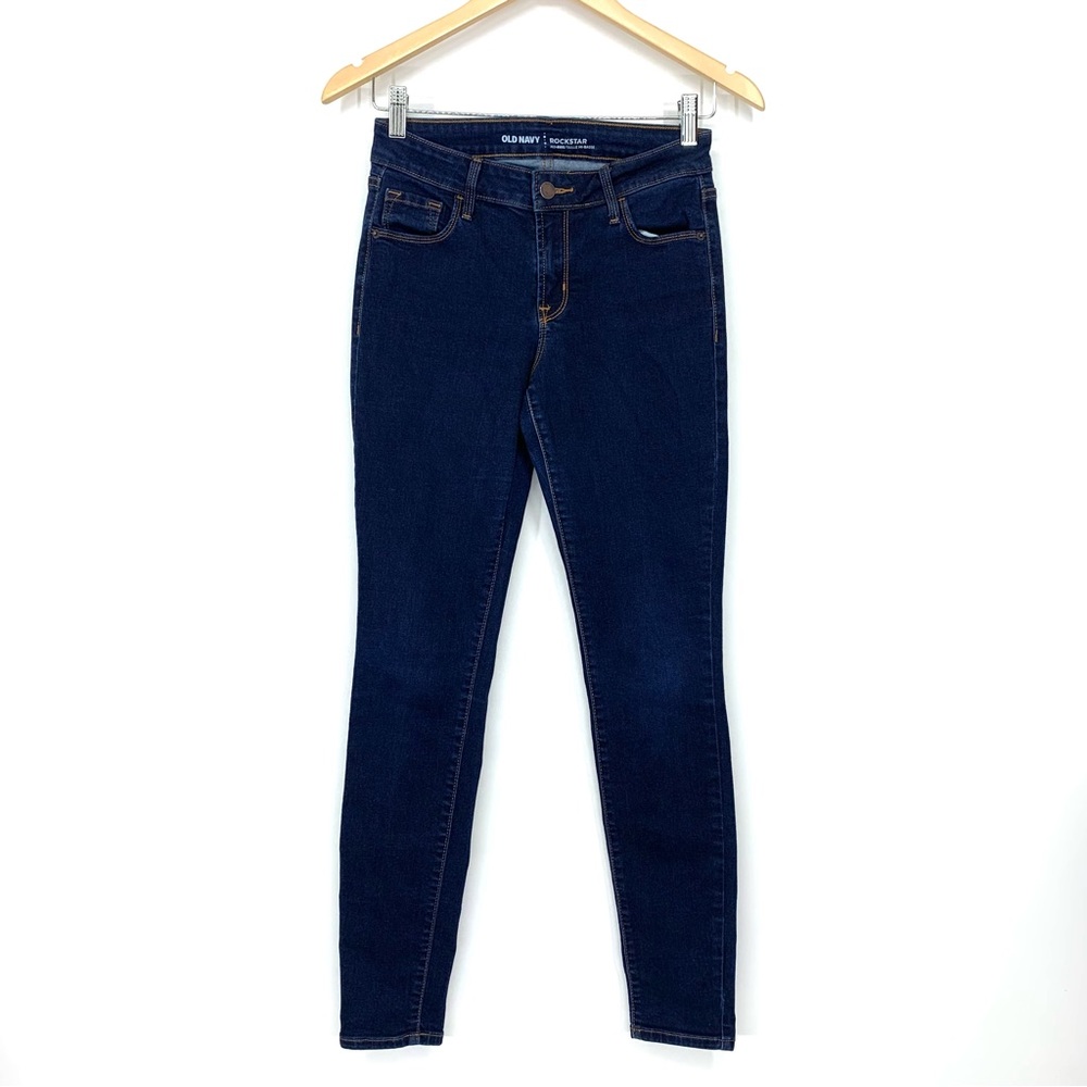 Old Navy Rockstar Mid Rise Dark Wash Skinny Jeans Brown Contrast Stitch Size 2